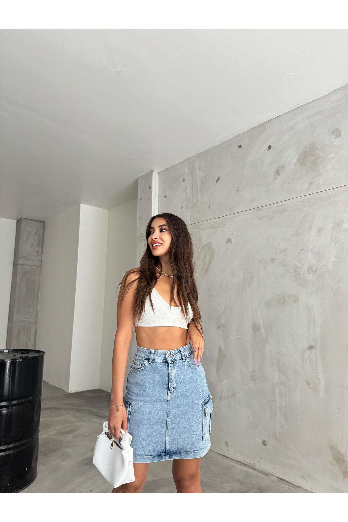 Kadın Kargo Cep Detaylı Yüksek Bel Mini Denim Etek AÇIK MAVİ 6