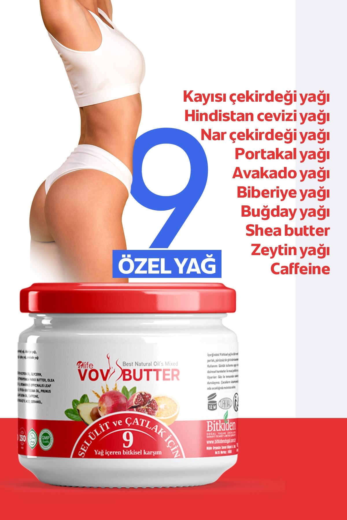 NLife Vov Butter Selülit ve Çatlak Kremi / 9 Bitkisel Yağ Karışımı 190 ml Bitkisel İçerik Caffeine Shea Butter — 9 Yağ İçeren mix jel