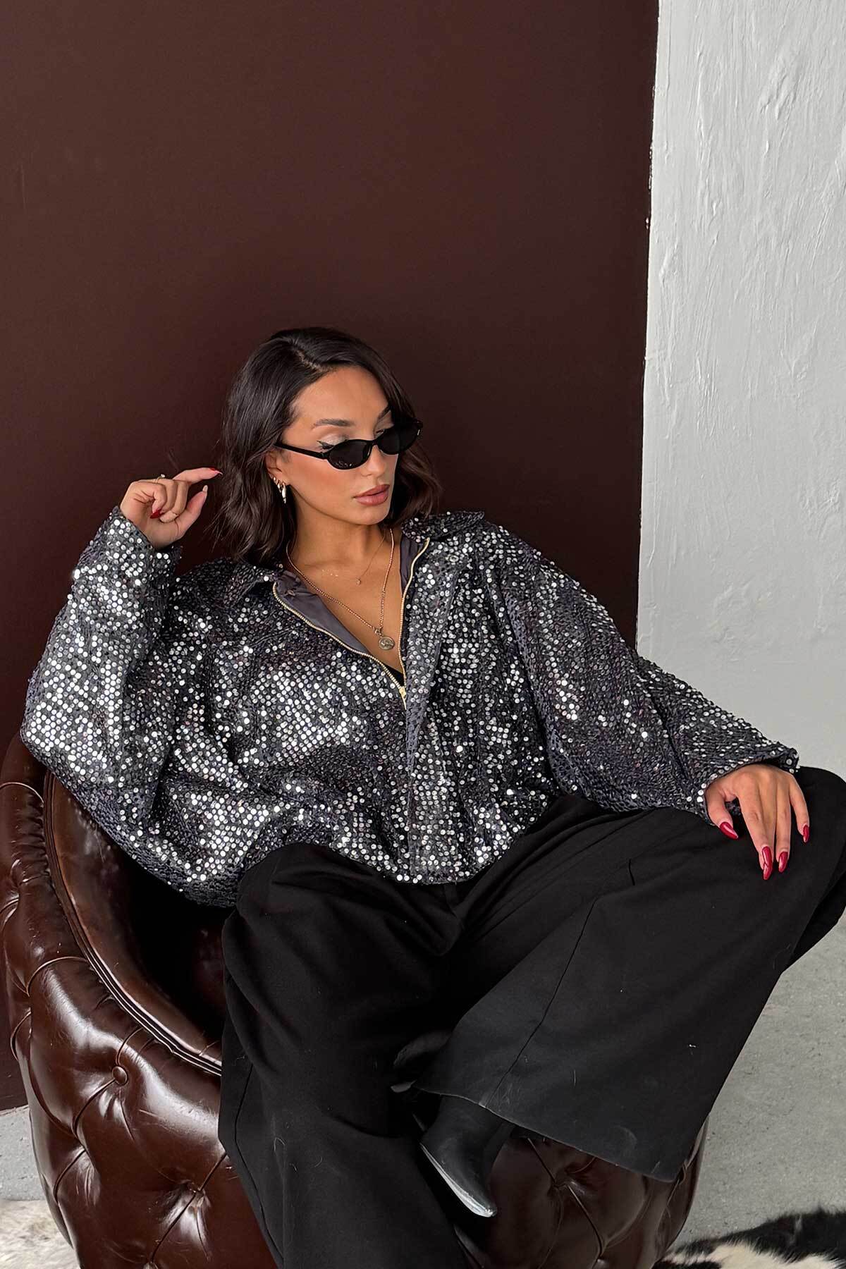 VERYMODA Payetli Oversize Kadın Ceket, Fermuarlı Işıltılı Şık Üst | F2026 - Gri Gümüş