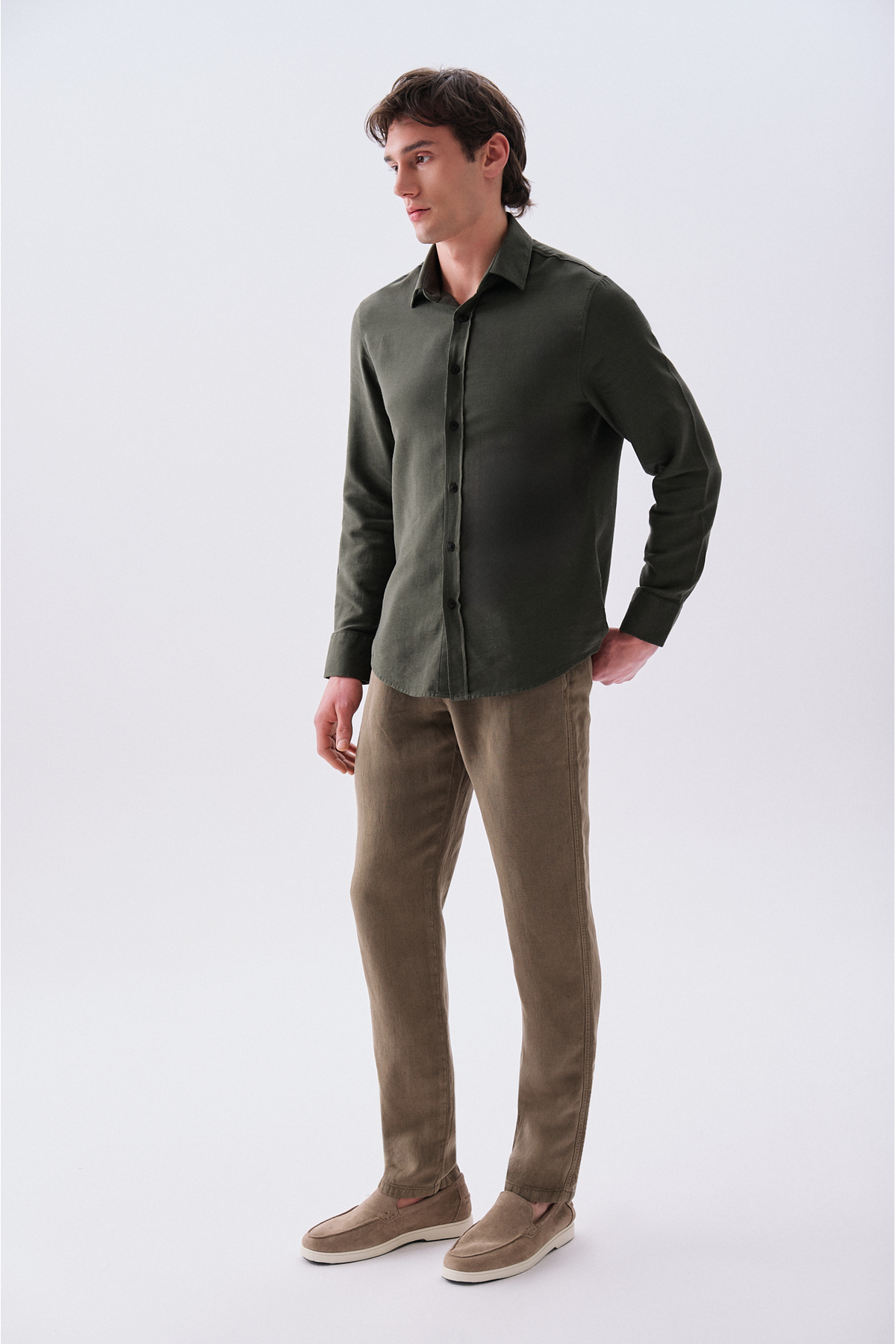 Erkek Kahverengi Keten Karışımlı Straight Fit Pantolon — قهوه‌ای 1267373 — تصویر 3 از 7