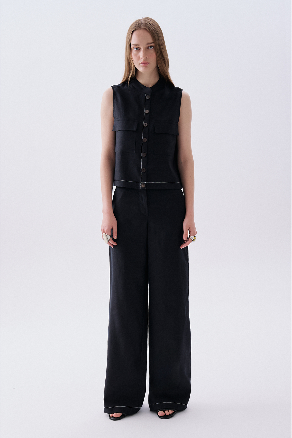 Mudo Women's Black Straight Fit Linen Trousers with Stitching Detail