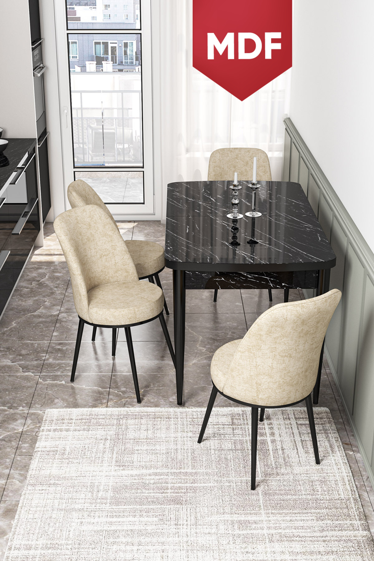 Kor Series 70x114 Extendable MDF Kitchen Table Set Black Marble Pattern Table 4 Cream Chair