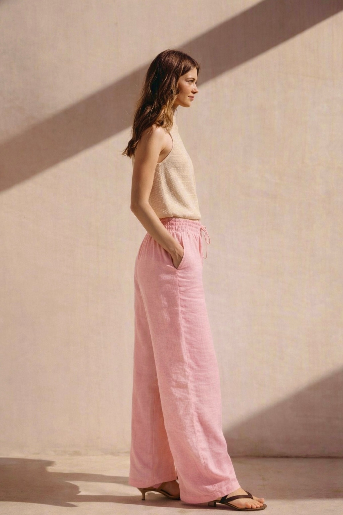 The Cotton Women's Pink High Waist Wide Leg Cotton Muslin Casual Pants
