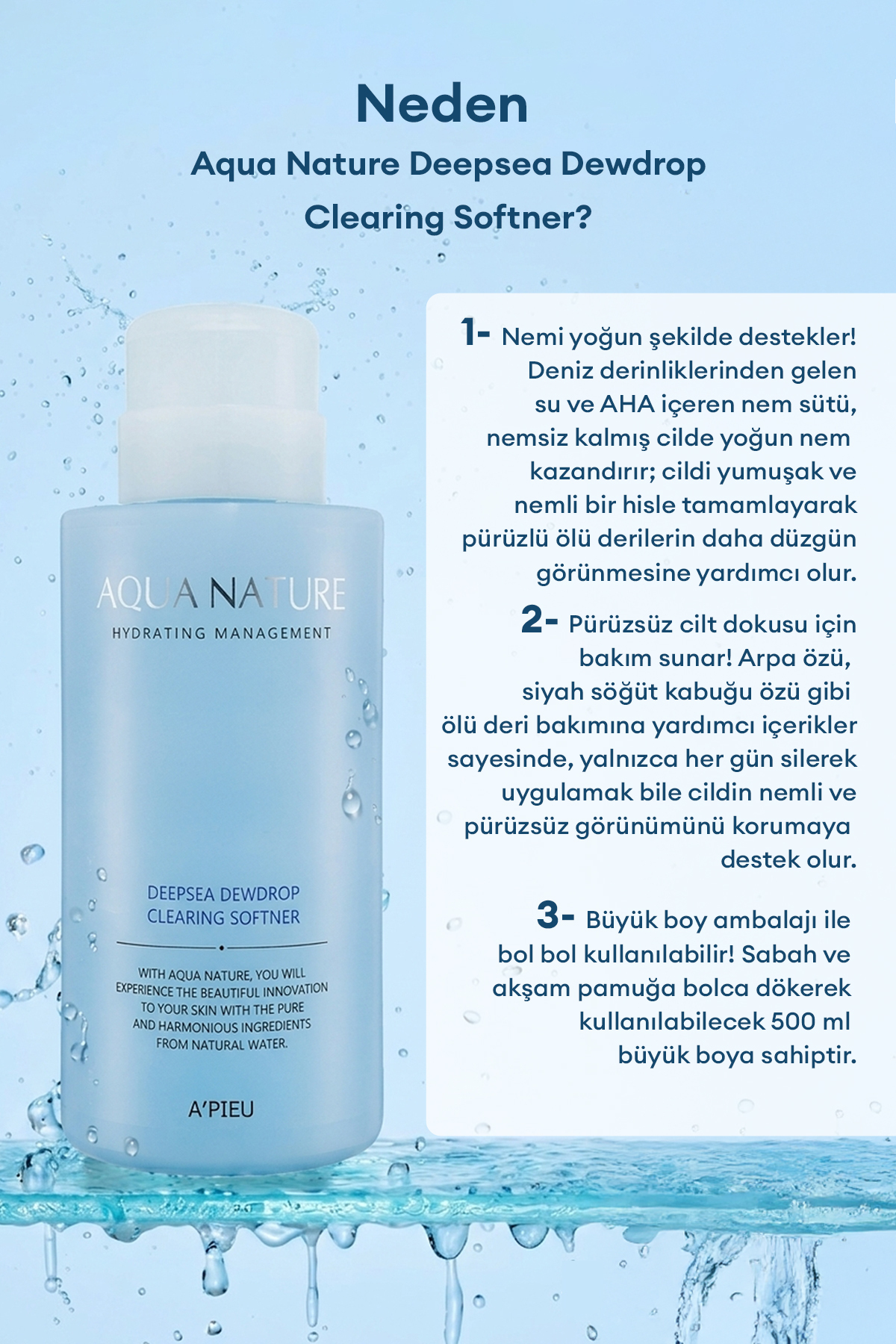 Pürüzsüzleştirici Tonik 500ml A'PIEU Aqua Nature Deep-Sea Dewdrop Clearing Softener — 8809643521352 — تصویر 4 از 7