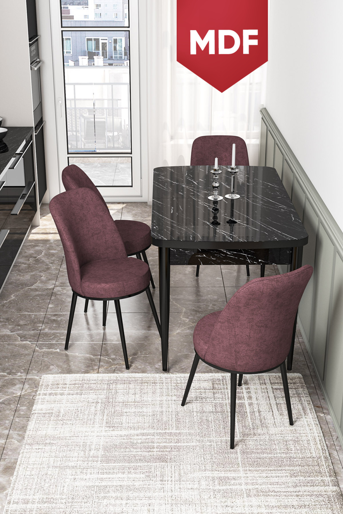 Kor Series 70x114 Retractable MDF Kitchen Table Set Black Marble Pattern Table 4 Dusty Rose Chair