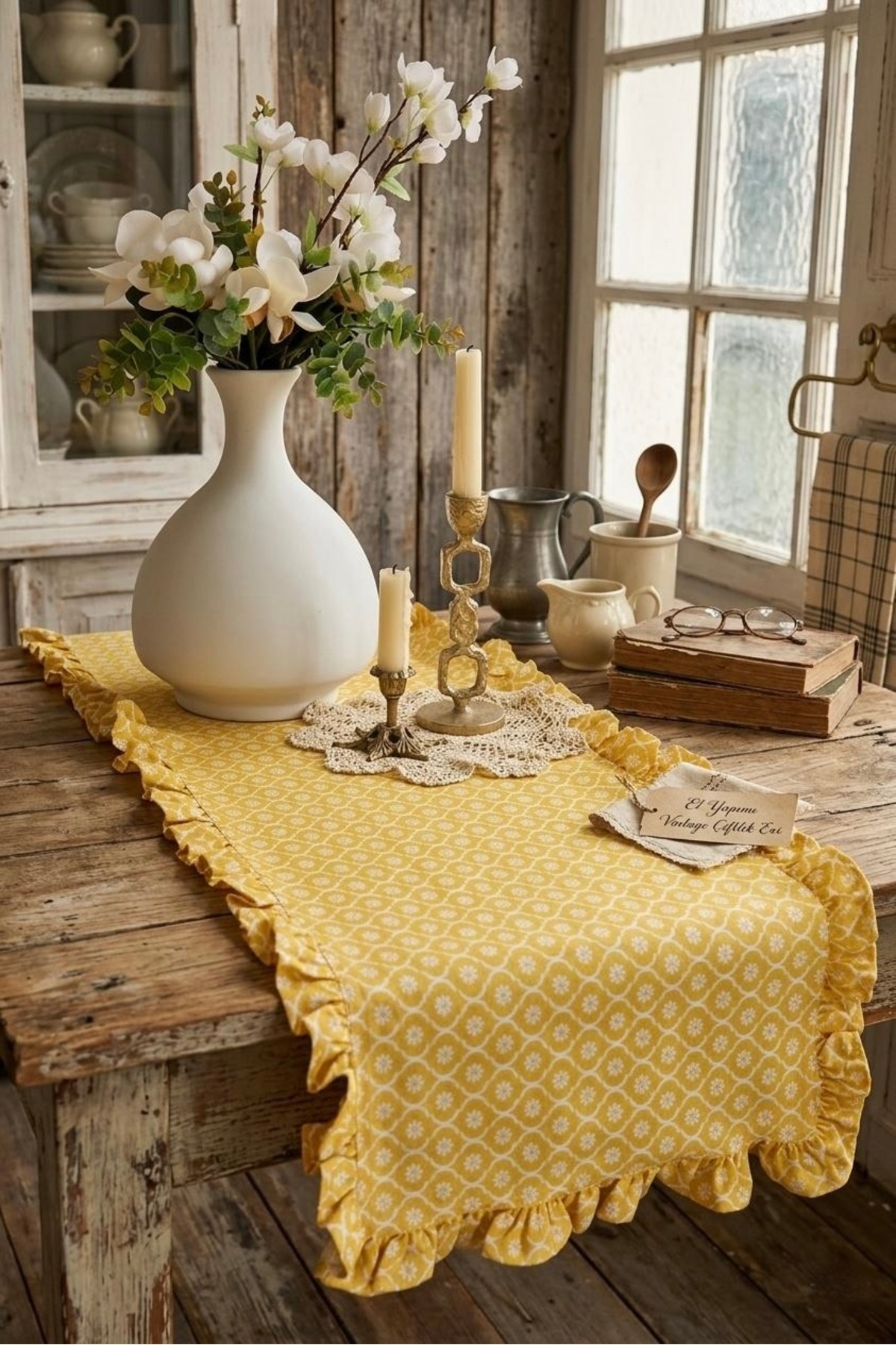 runner floral daisy pattern frilly vintage duck linen 40x130cm