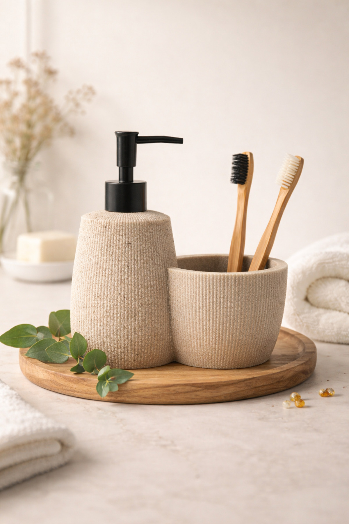 Premium Concrete Design Soap Dispenser & Organizer Set - Stylish Bathroom Set