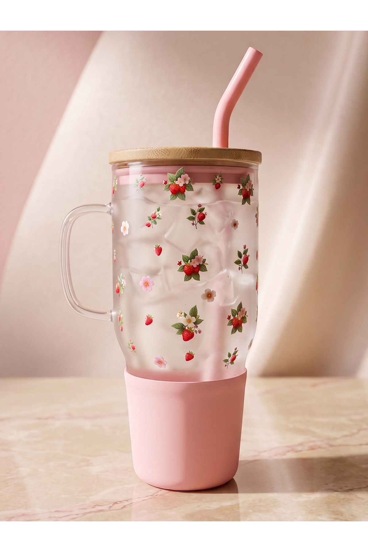 Caga Pinterest Bamboo Lid Strawberry and Flower Pattern Steel Straw Glass Thermos Big Mug 1000 ml
