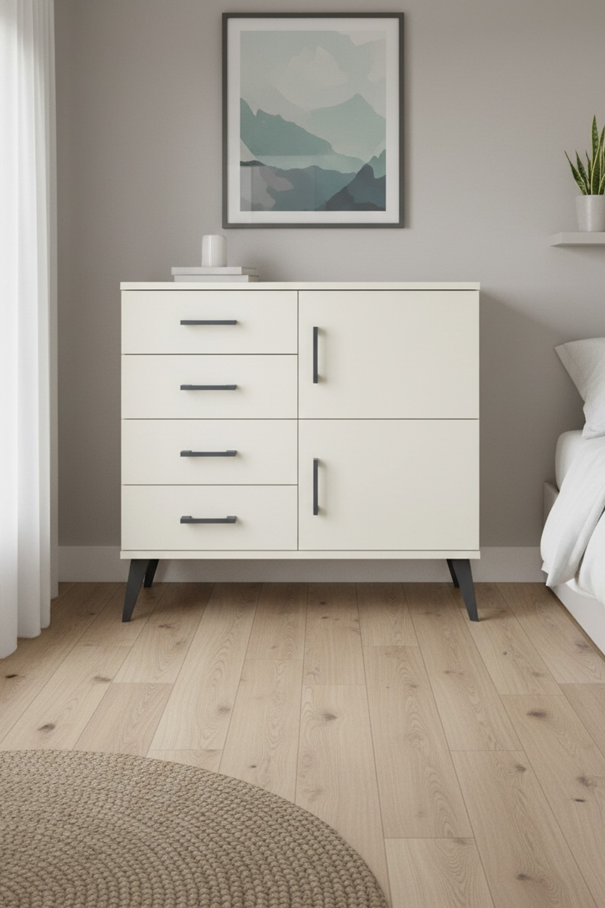 Arges Dresser Single Shelf 4 Drawers 2 Lids 88x30x80 Moonstone-Moonstone