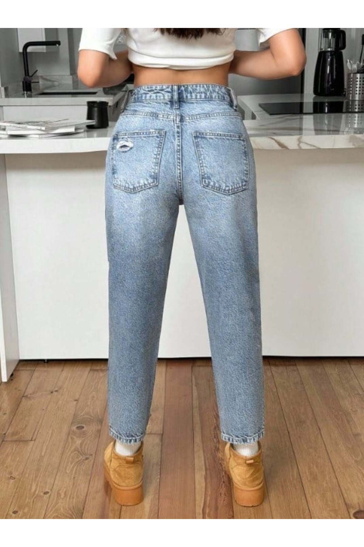 HerTon  Kadın Yüksel Bel Mom Jean Pantolon %100 cotton Esneme yok - Görsel 2