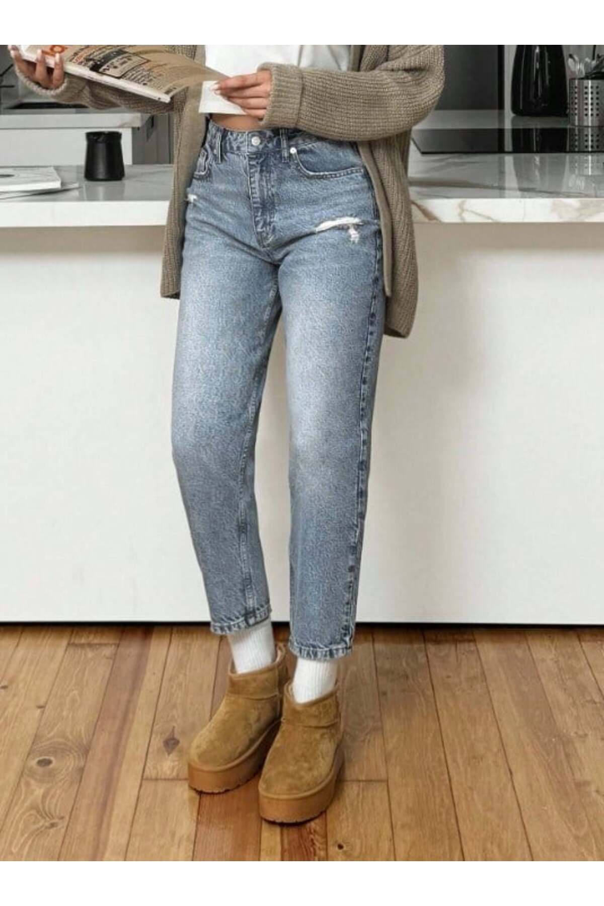 HerTon  Kadın Yüksel Bel Mom Jean Pantolon %100 cotton Esneme yok - Görsel 3