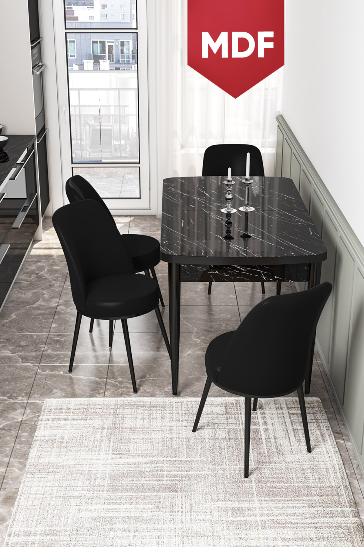 Kor Series 70x114 MDF Retractable Kitchen Table Set Black Marble Pattern Table 4 Black Chairs