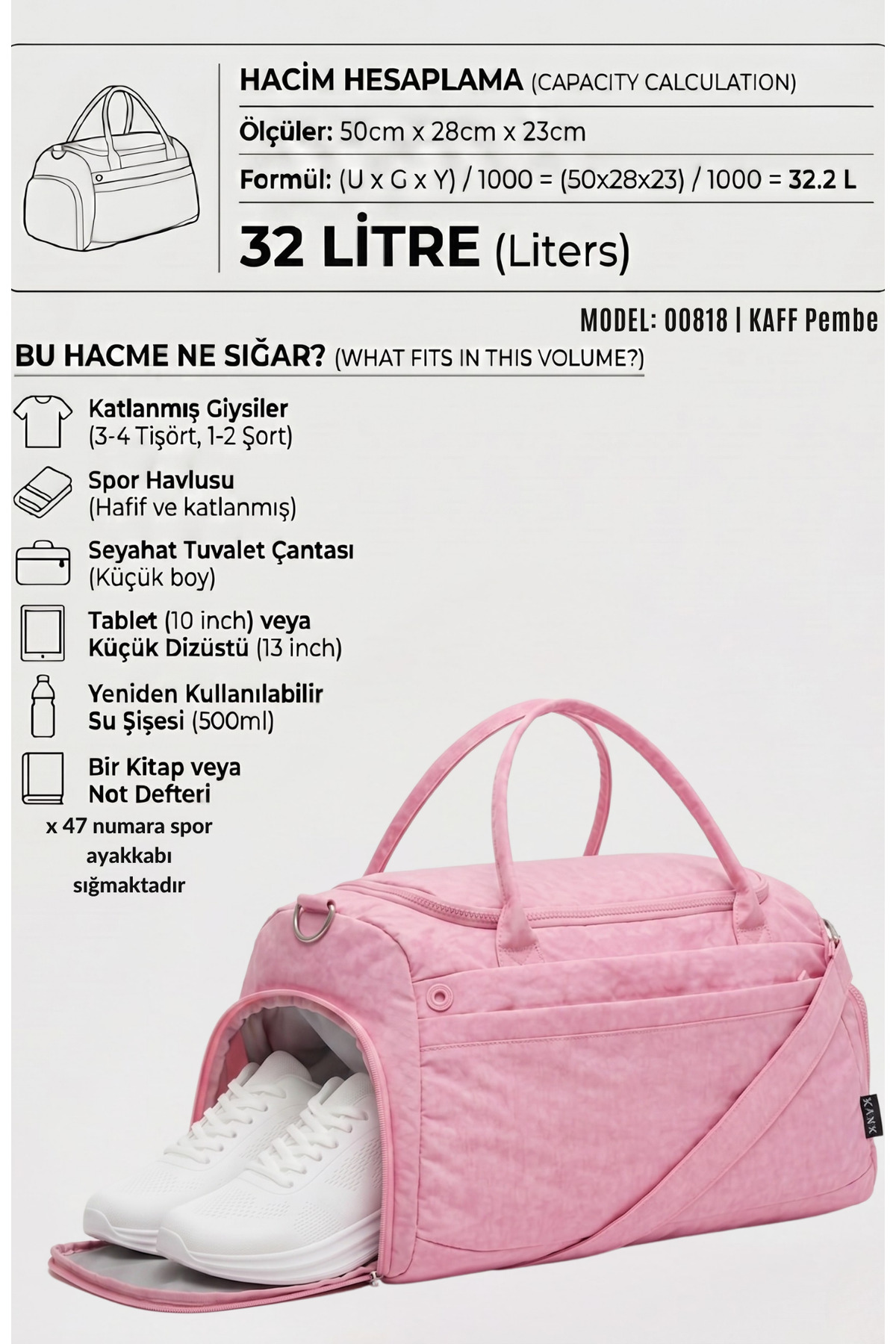KAFF  Pembe Krinkıl Kumaş Ayakkabı Bölmeli 0818 Önü Cepli Su Geçirmez Omuz Askılı Spor Ve Seyahat Çantası