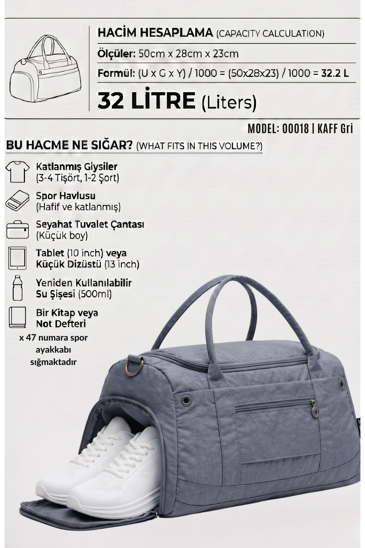 KAFF  Gri Krinkıl Kumaş Ayakkabı Bölmeli 0818 Önü Cepli Su Geçirmez Omuz Askılı Spor Ve Seyahat Çantası
