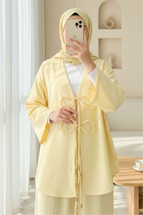 Modamorfo önü çift Bağlamalı Pantolonlu Kimono Takım -açık Sarı