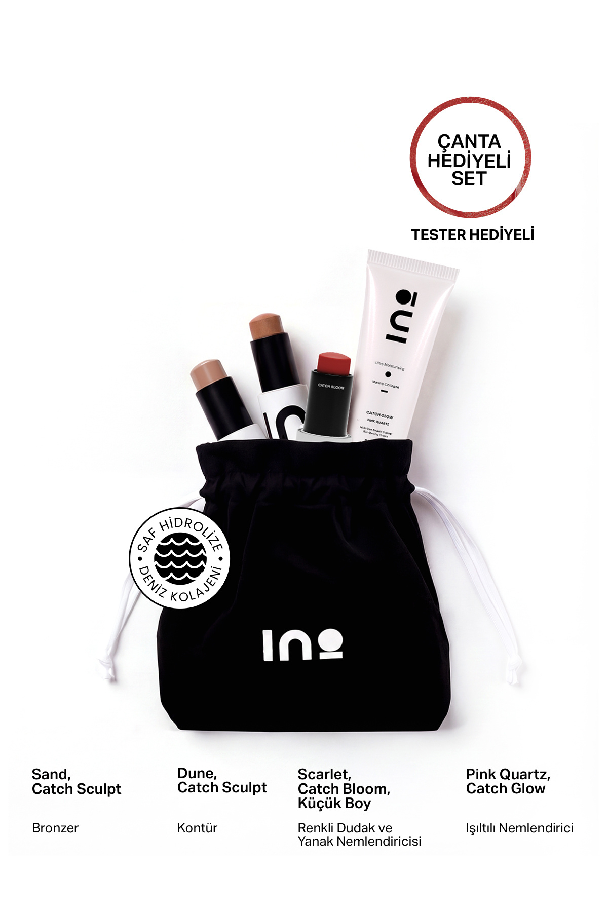 inobeauty Dune Contour + Sand Bronzer + Pink Quartz Nemlendirici + Scarlet Ruj & Allık 4,5Gr + Makyaj Çantası — قهوهای INOF0139