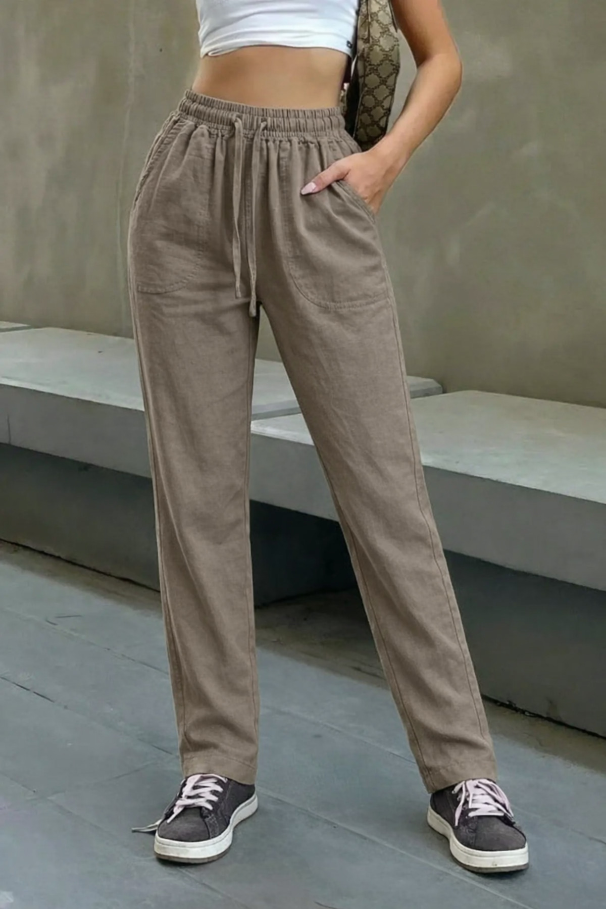 COMBİNE MİCHAİL  Kadın Beli Lastikli Vizon Keten Pantolon