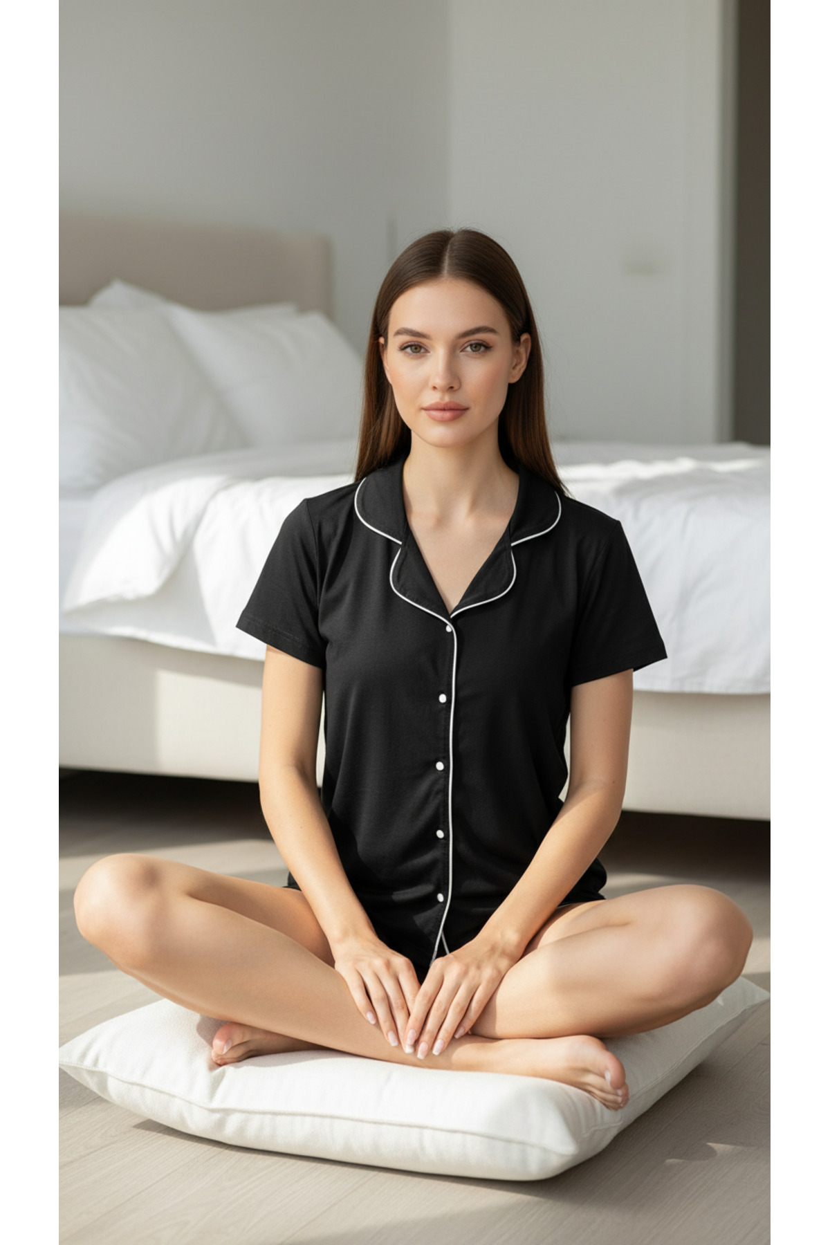 Sude HOMEWEAR Black Piped Cotton Short Sleeve Shorts Pajama Set