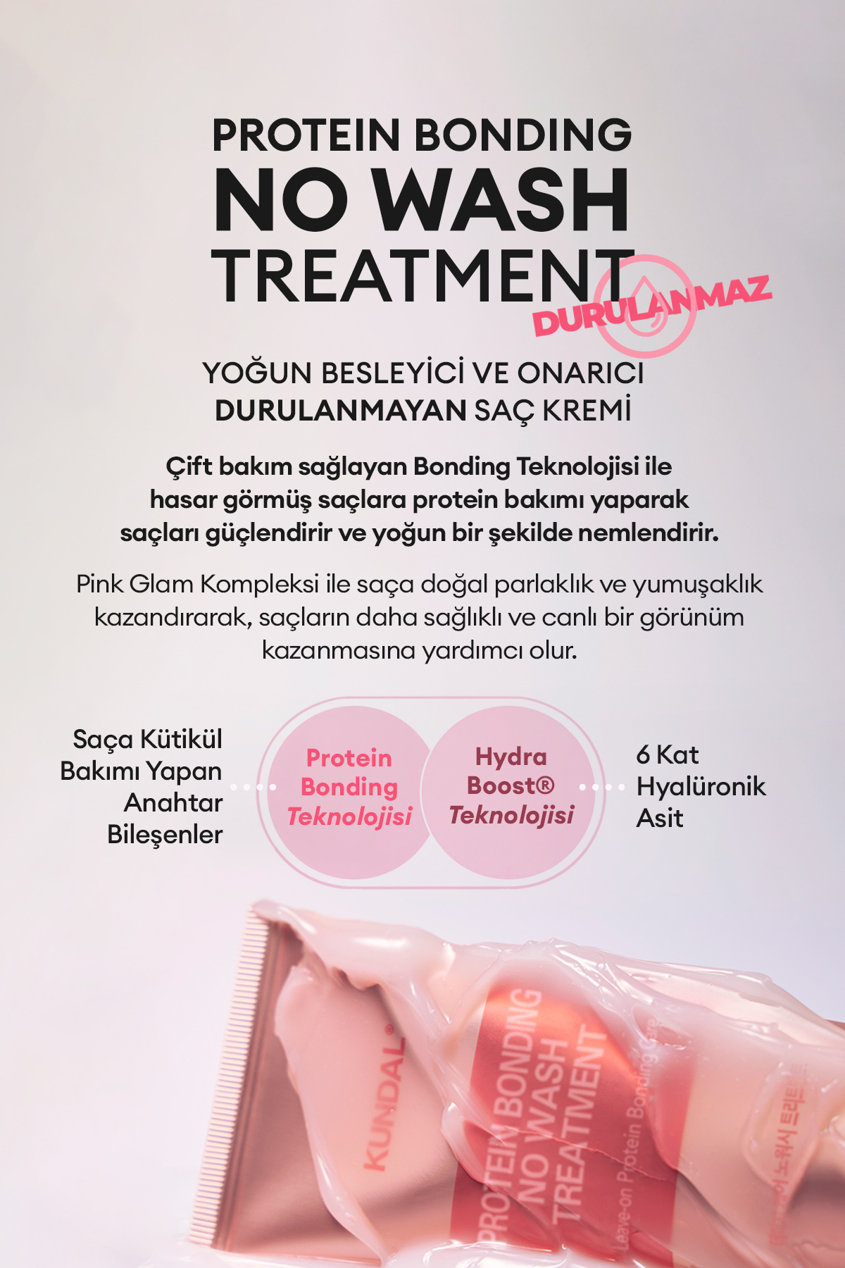Yoğun Onarıcı Durulanmayan Bakım Kremi KUNDAL Protein Bonding No Wash Treatment 130ml Violet Muguet — 7094 — تصویر 3 از 9