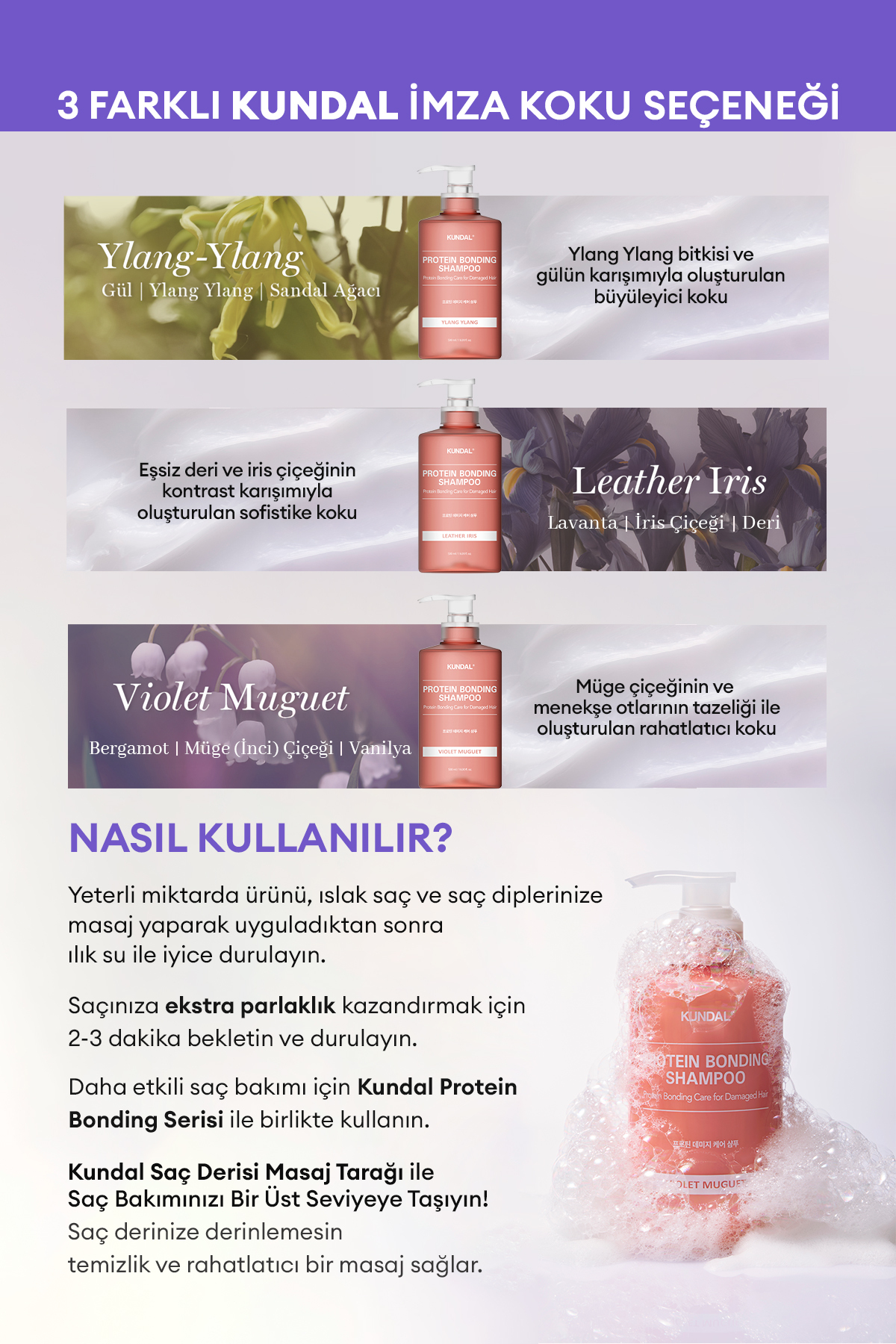 Yoğun Onarıcı ve Isı Koruyucu Bakım Şampuanı KUNDAL Protein Bonding Shampoo 500ml Violet Muguet — 7097 — تصویر 7 از 9
