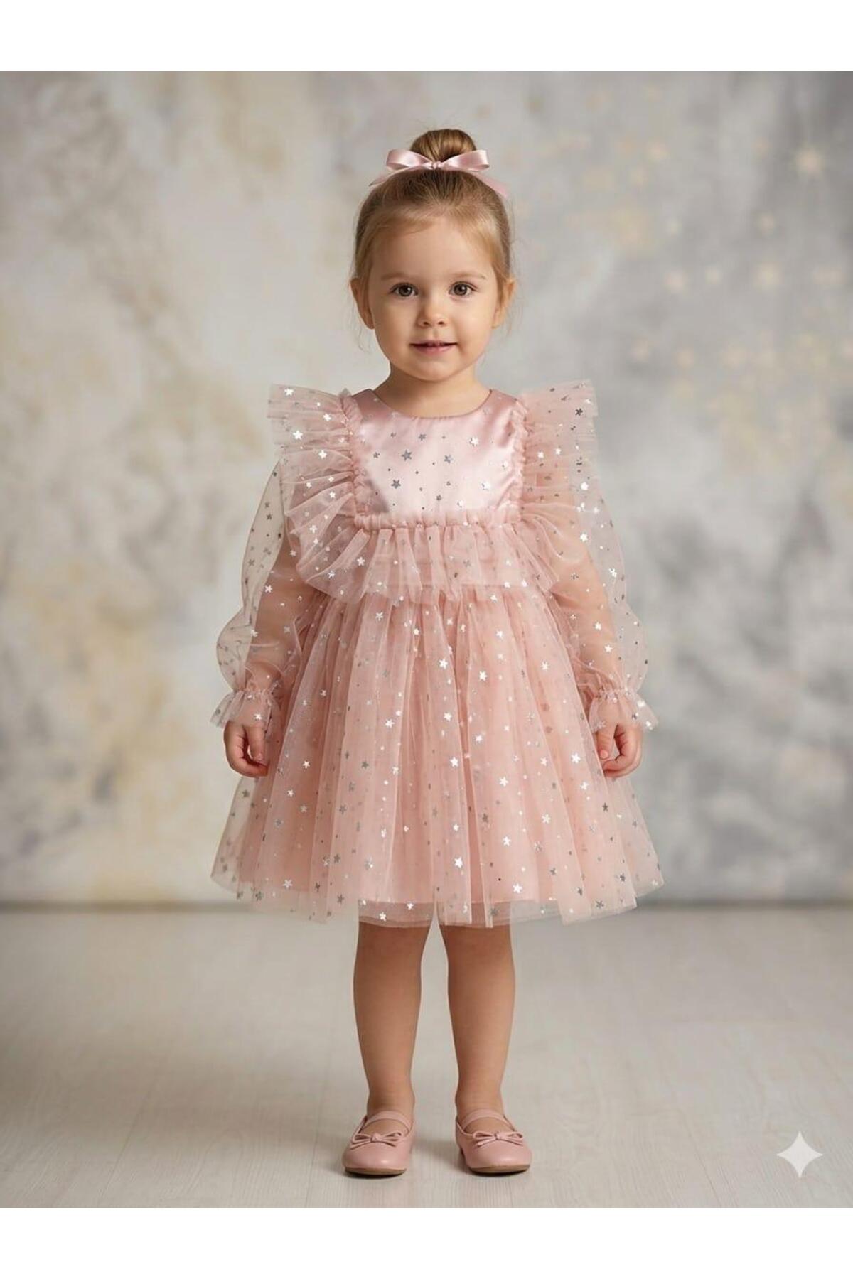 Powder Star Printed Front Ruffle Long Tulle Sleeve Baby Girl Dress