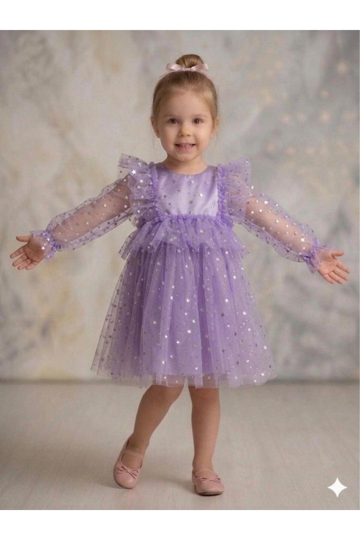 Lilac Star Printed Front Ruffle Long Tulle Sleeve Baby Girl Dress
