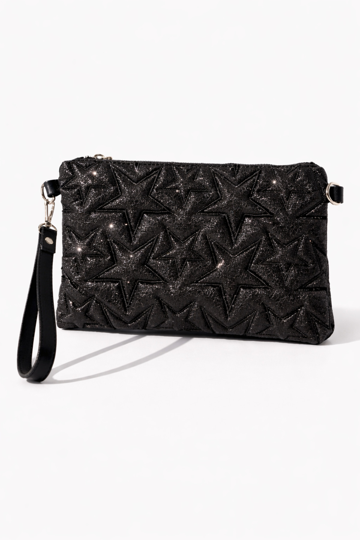 dericom Yıldız Desenli Siyah Simli Kadın Portföy Clutch Çanta