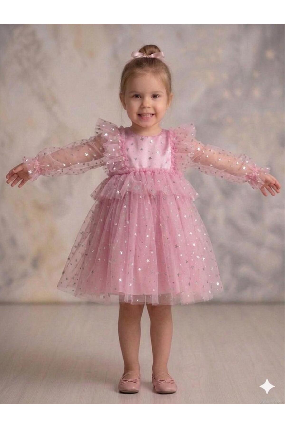 Pink Star Printed Front Ruffle Long Tulle Sleeve Baby Girl Dress