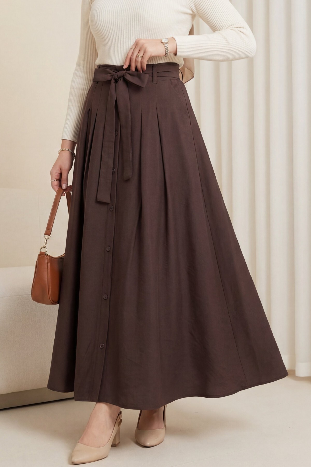 Modamorfo  önü Düğmeli Bağcıklı Paraşüt Etek -kahve - Görsel 2