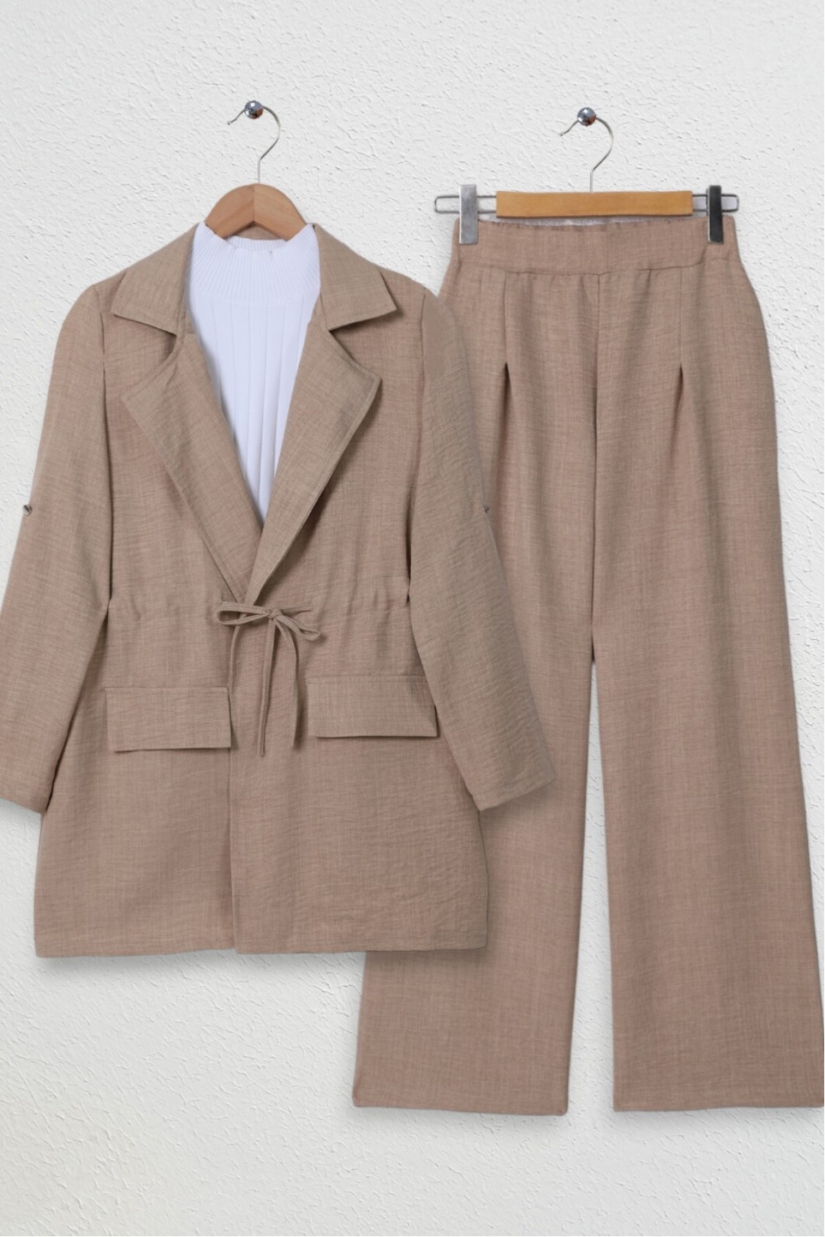 Modamorfo Linen Look Suit with Hooded Tunnel Bridge Jacket - Mink