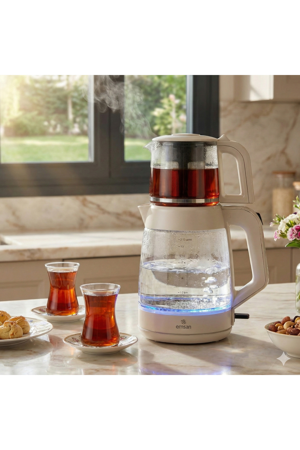 Karaca Caysever theepot, sprekend van glas, roodgoud, 1700 Watt, 1,5 liter, Automatische warmhoudfunctie, Roestvrijstalen behuizing, BPA-vrij