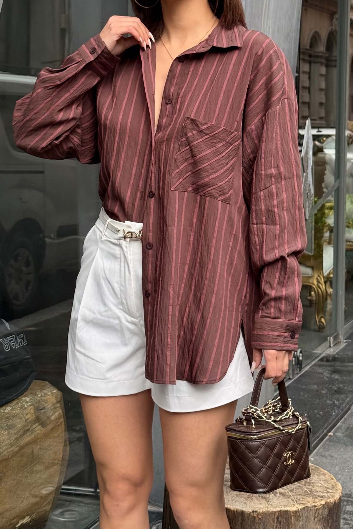 XXL BUTİK Kadın Kahverengi Çizgili Oversize Gömlek, Günlük Şık Kombin ESR079