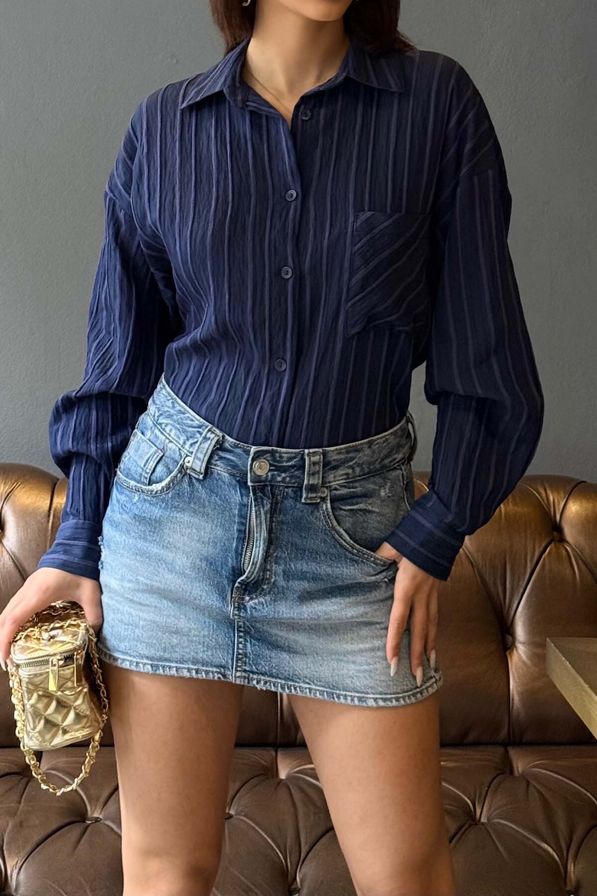 XXL BUTİK Kadın Lacivert Çizgili Oversize Gömlek, Günlük Şık Kombin ESR079 görsel 5