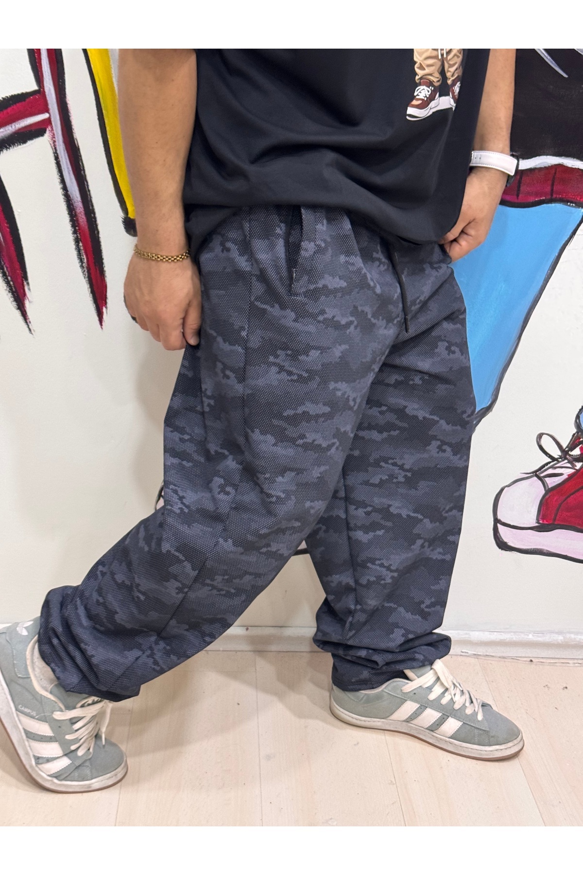 Bas Body FitnessWear Büyük Beden Mavi Kamuflaj Eşofman Alt Derin Cepli Fermuarlı Bel Esnek Ve İpli görsel 2