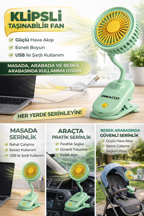 FREED TOOLS Şarjlı Klipsli 360 Derece Dönen Portatif Vantilatör bebek arabası...