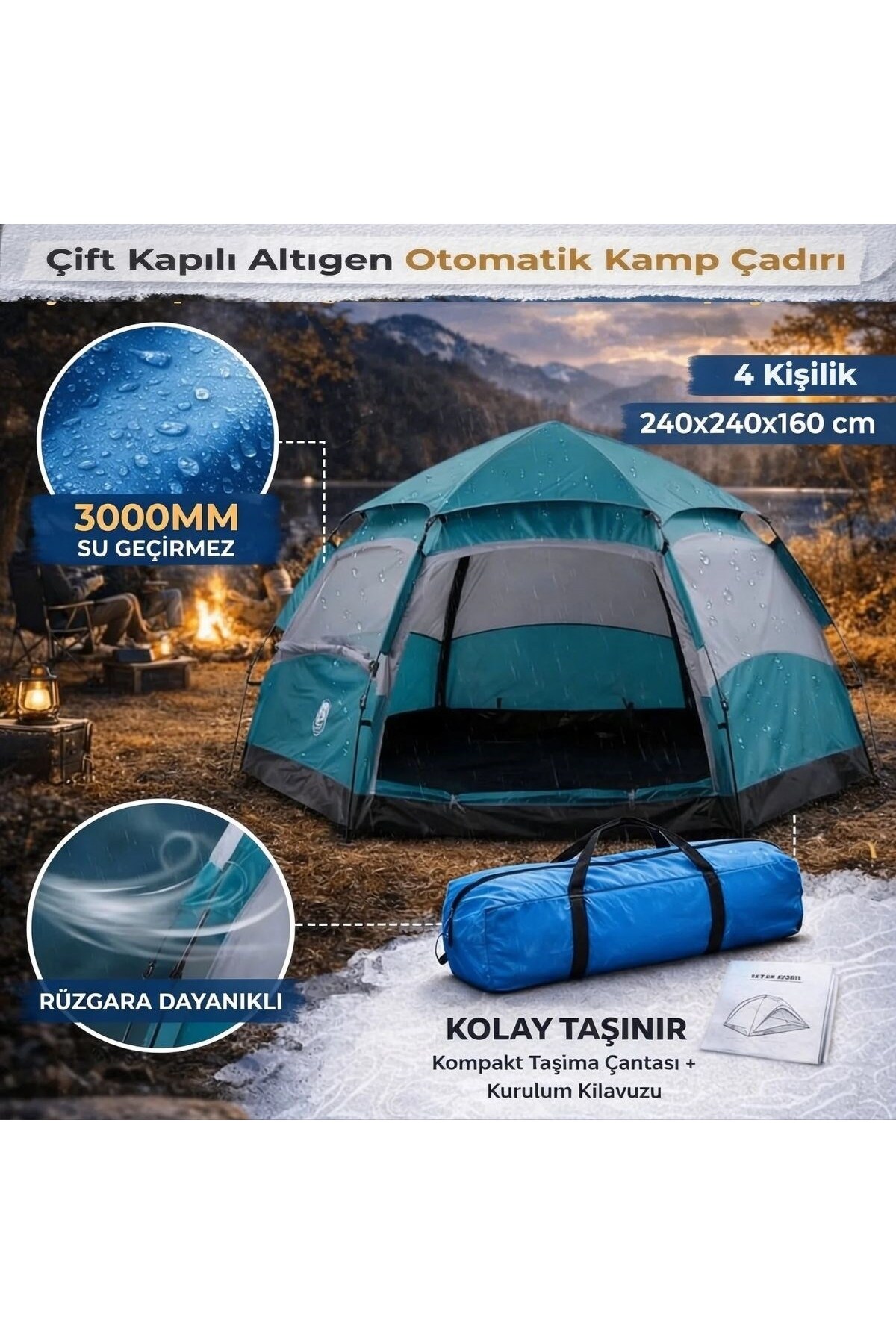 BY NEVSER ® 4 Kişilik Otomatik Kamp Çadırı – Altıgen Tasarım, Çift Kapılı, Suya Dayanıklı, Hızlı Kuru