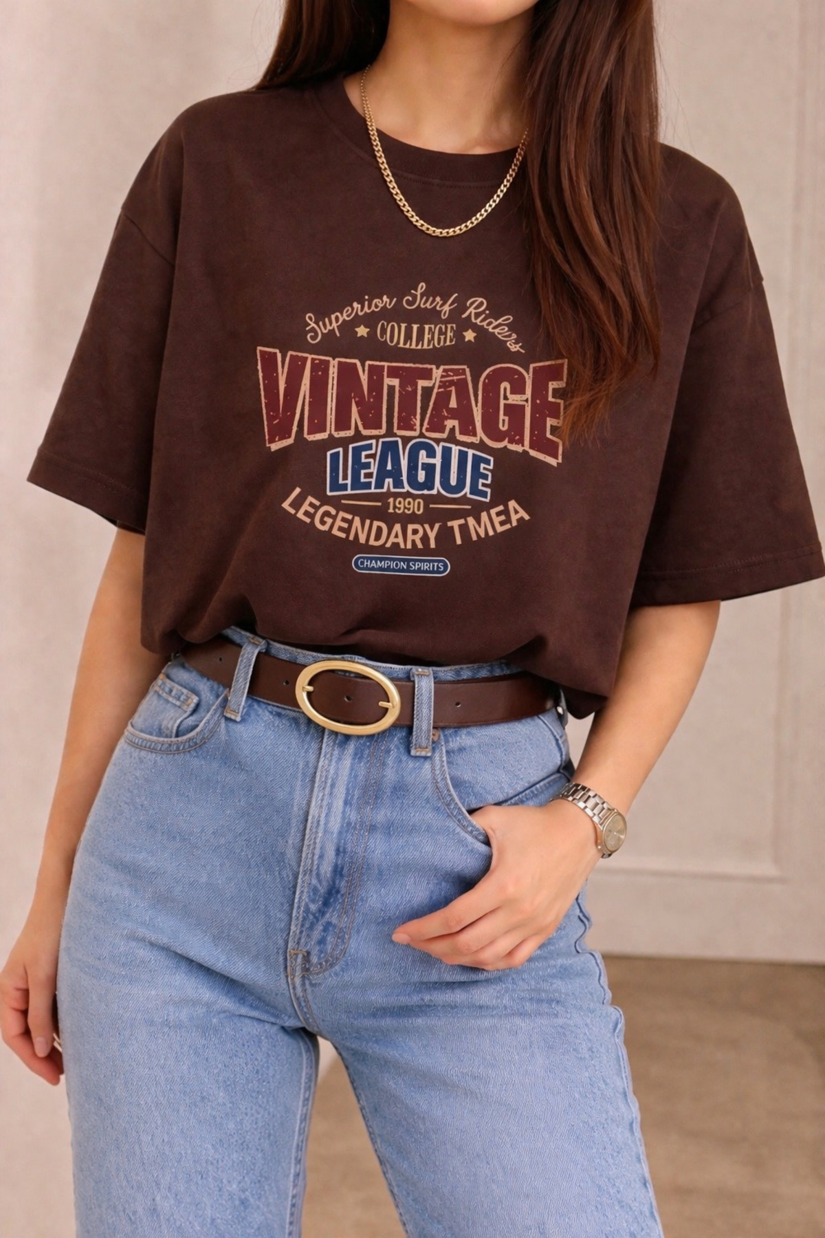 SANTAMİLA Coffee Vintage Printed Oversize Tshirt