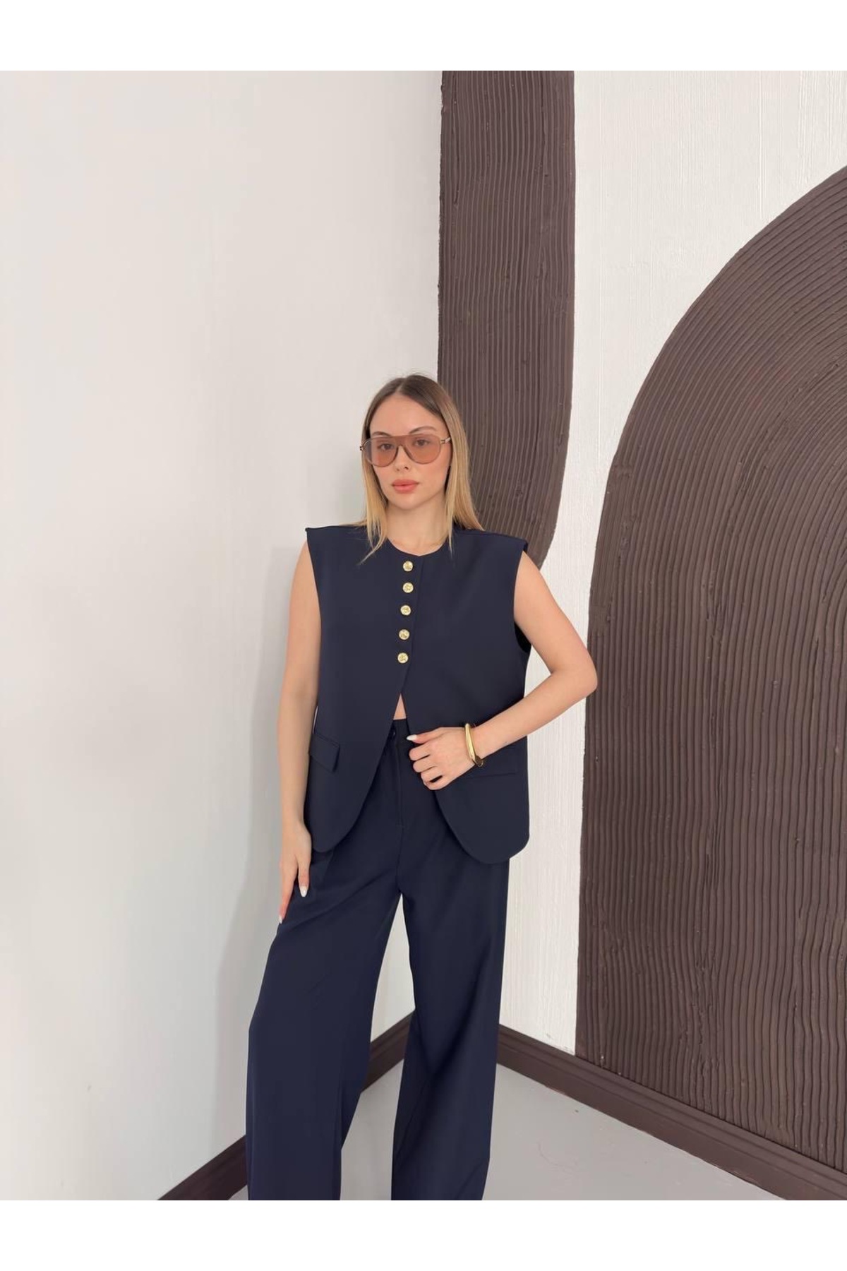 Half Button Design Vest Pants 2pcs Set