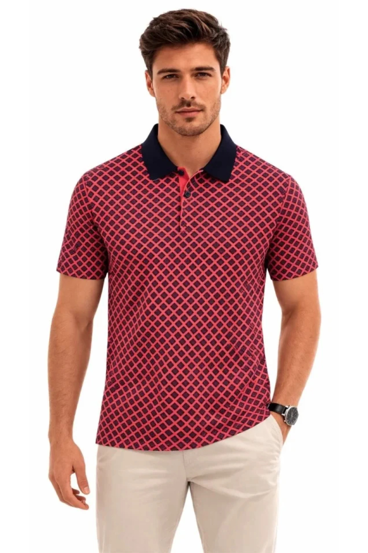 Erkek Pike Kumaş Polo Yaka Desenli Tişört Kısa Kol Yazlık T-Shirt - Kırmızı