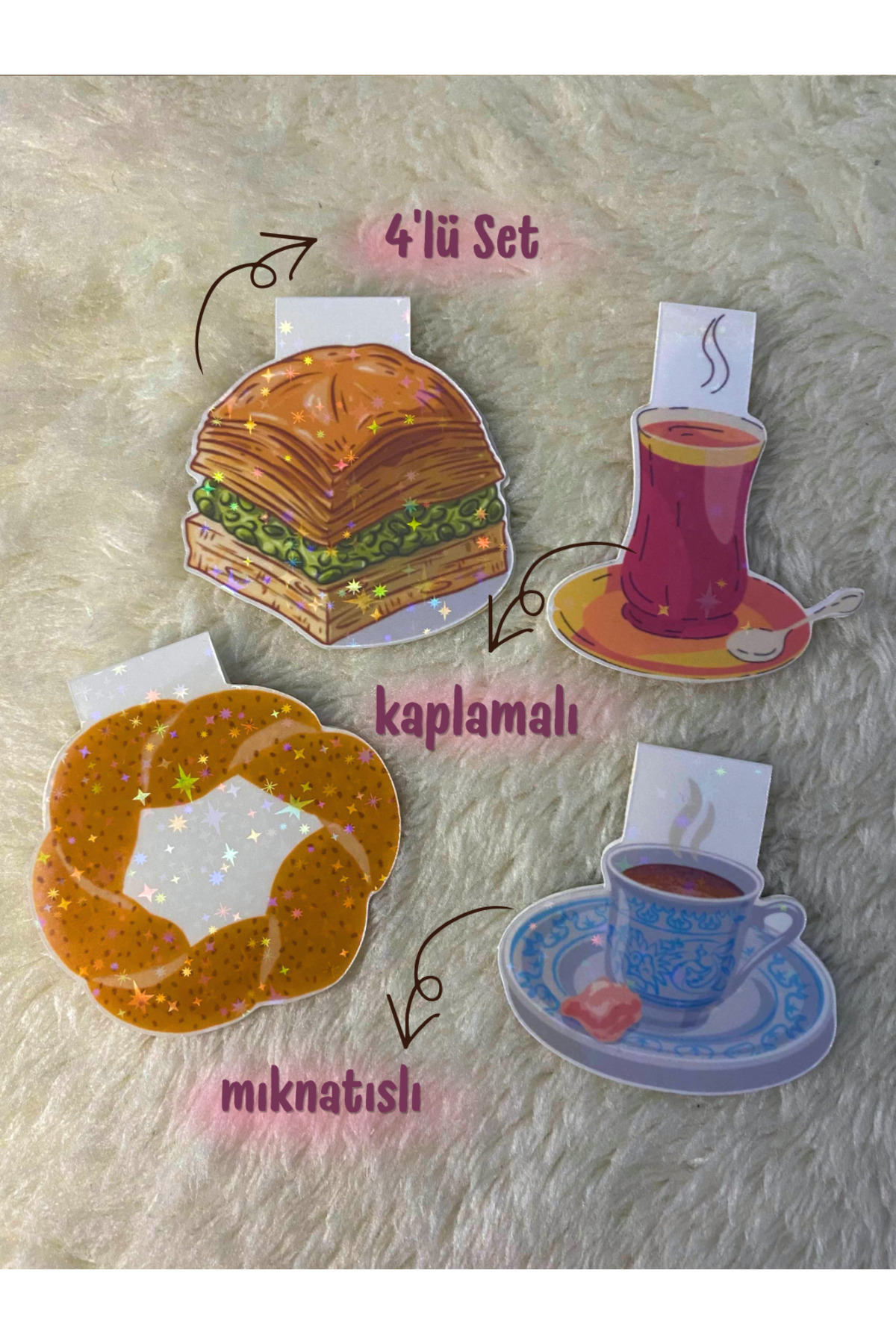 Nurmurs 4'lü Çoklu Mıknatıslı Kitap Ayracı Ayraç Seti Simit Çay Baklava ...