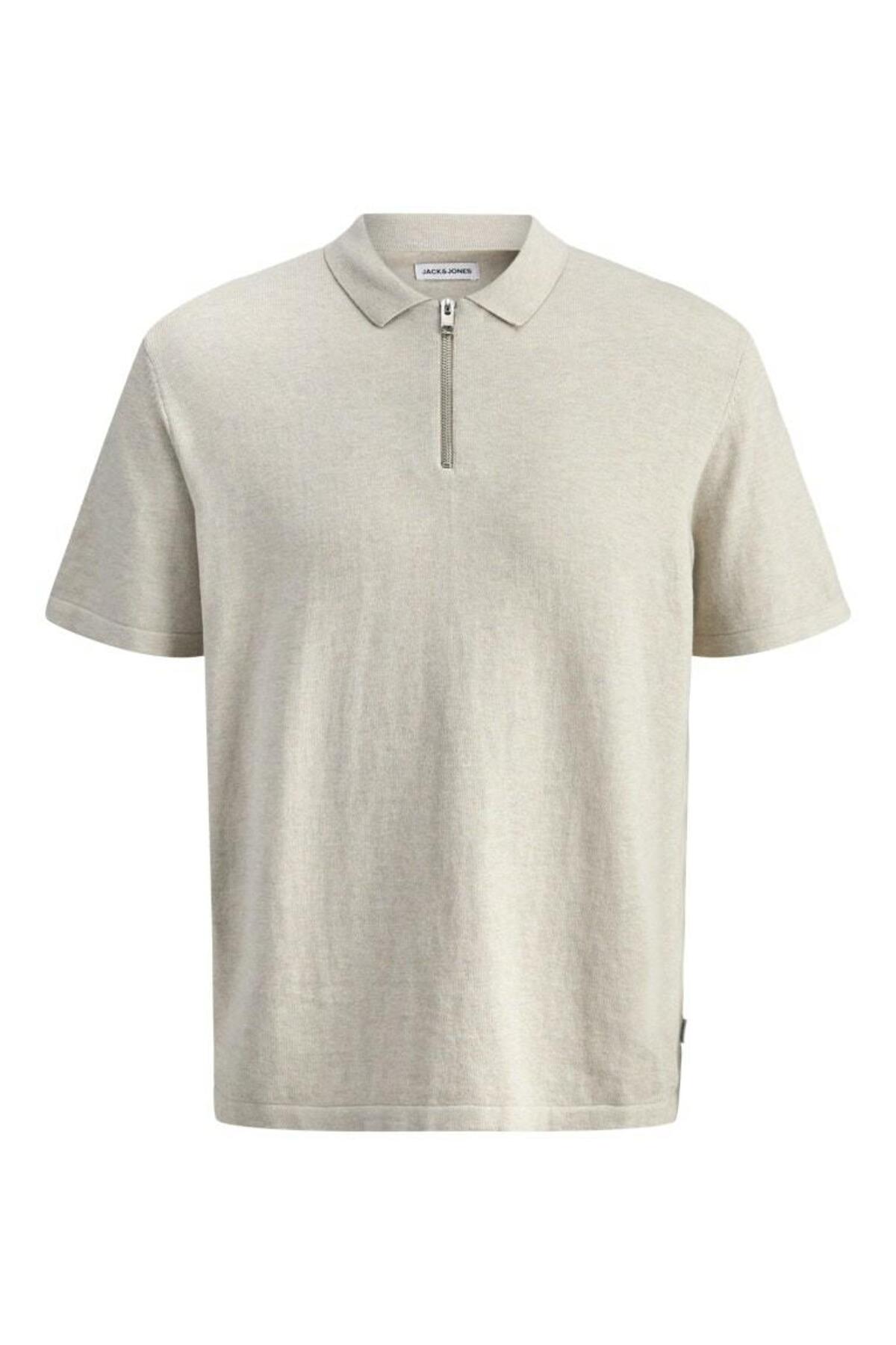 Jack & Jones Erkek Bej Jjeemıl Knıt Zıp Polo Ss Sn Polo Tişört
