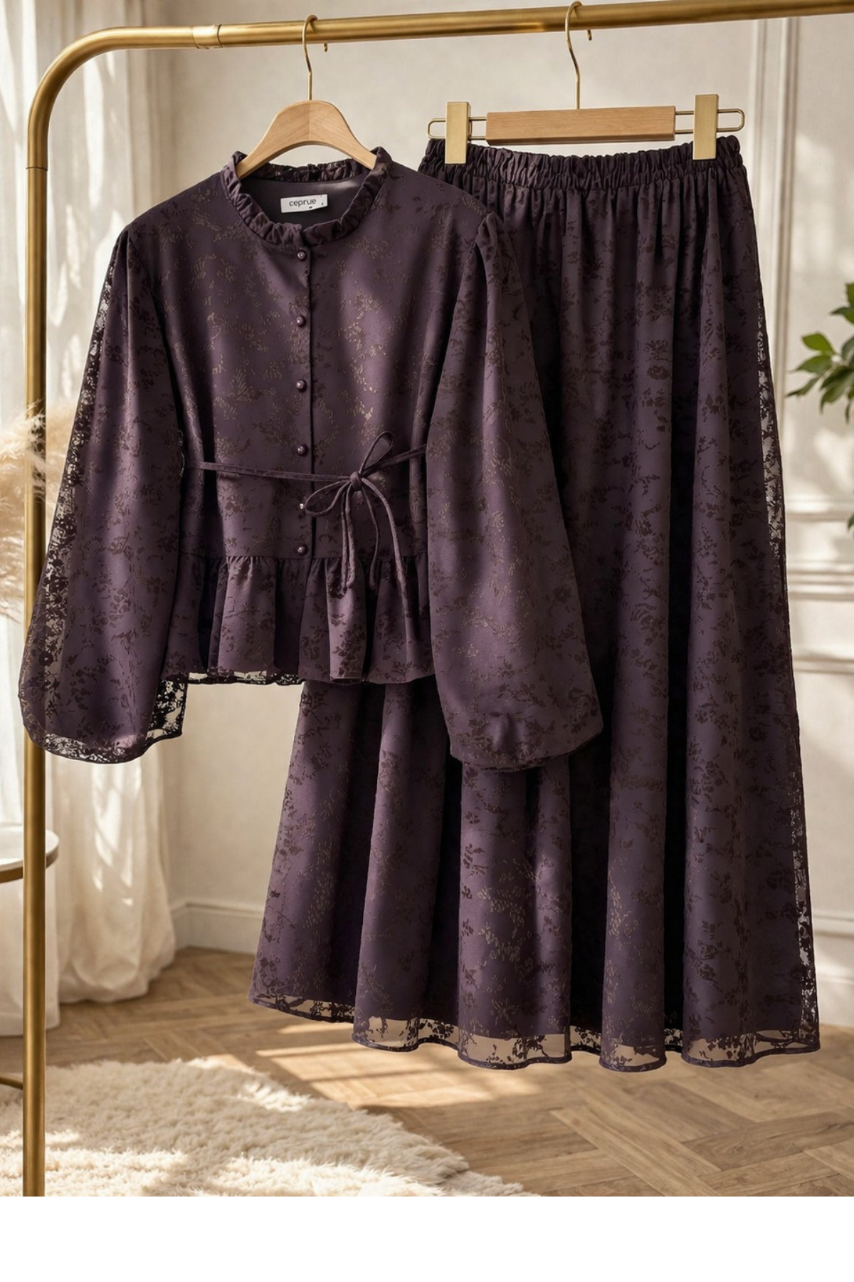 Flock Pattern Lined Bitter Coffee Modest Set