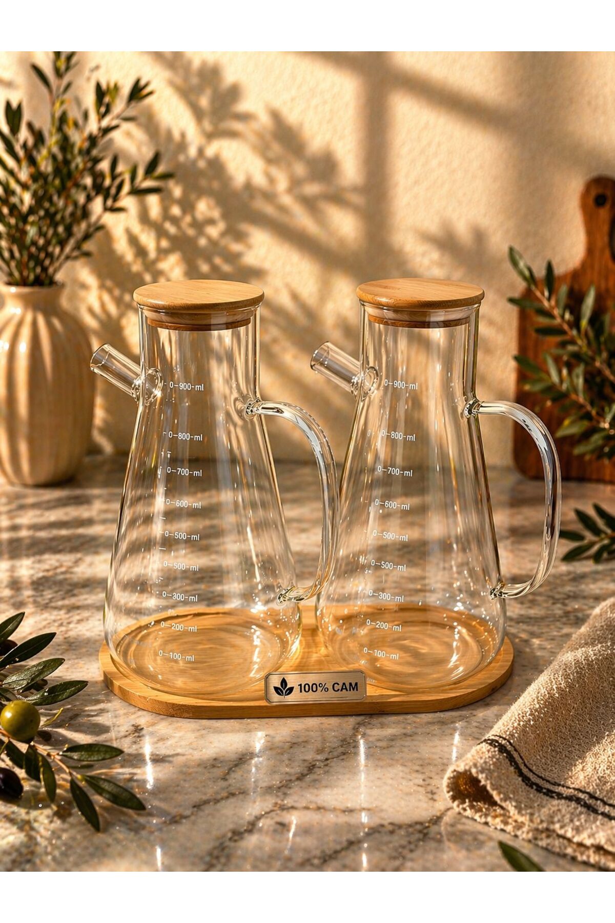 ALVİN HOME KITCHEN Bambu Kapakli Cam Yağdanlık Seti ikili 900ML