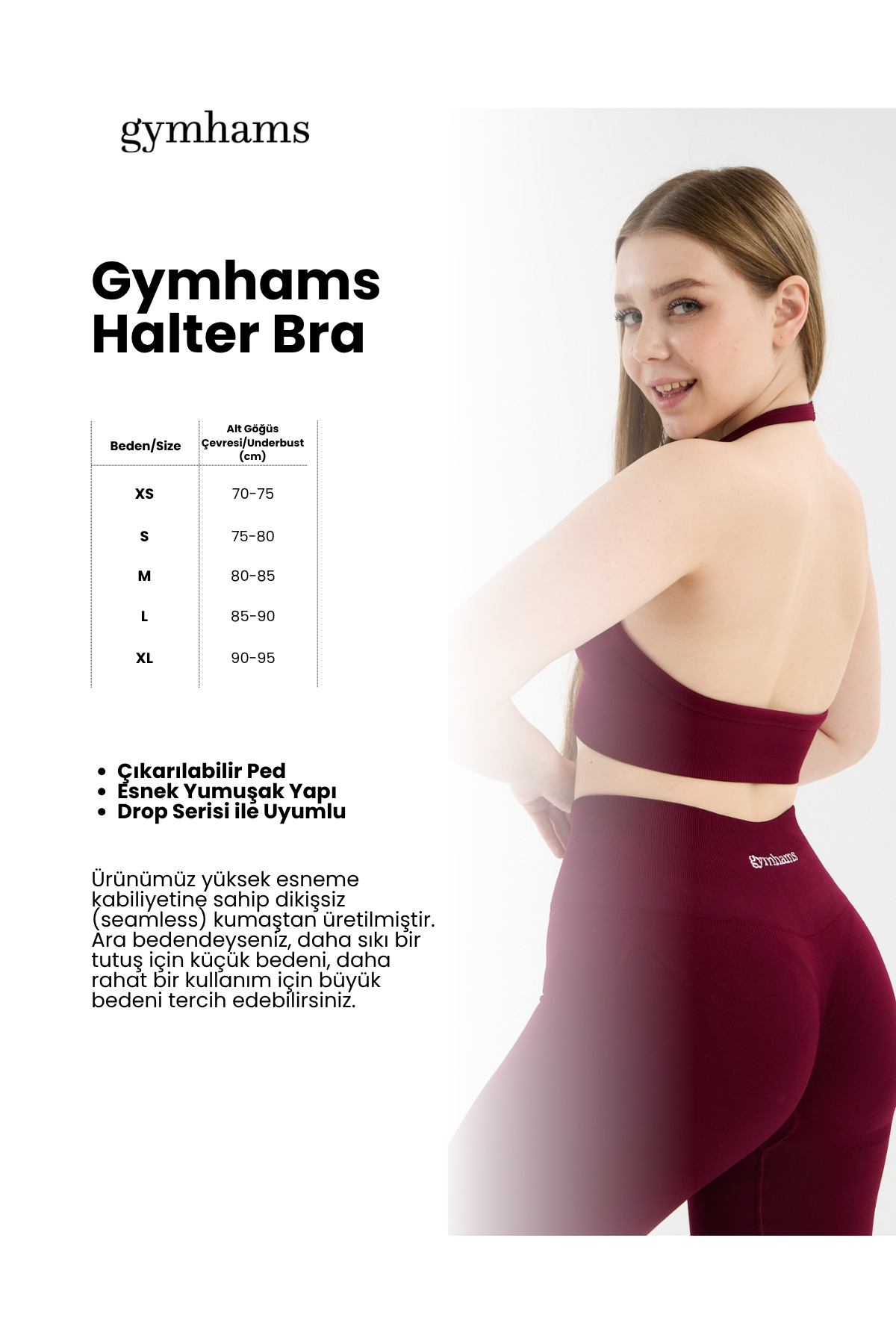 gymhams Drop Halter Yaka Seamless Spor Sütyeni - Esnek Soft Yoga/Pilates/Fitness Üstü görsel 3