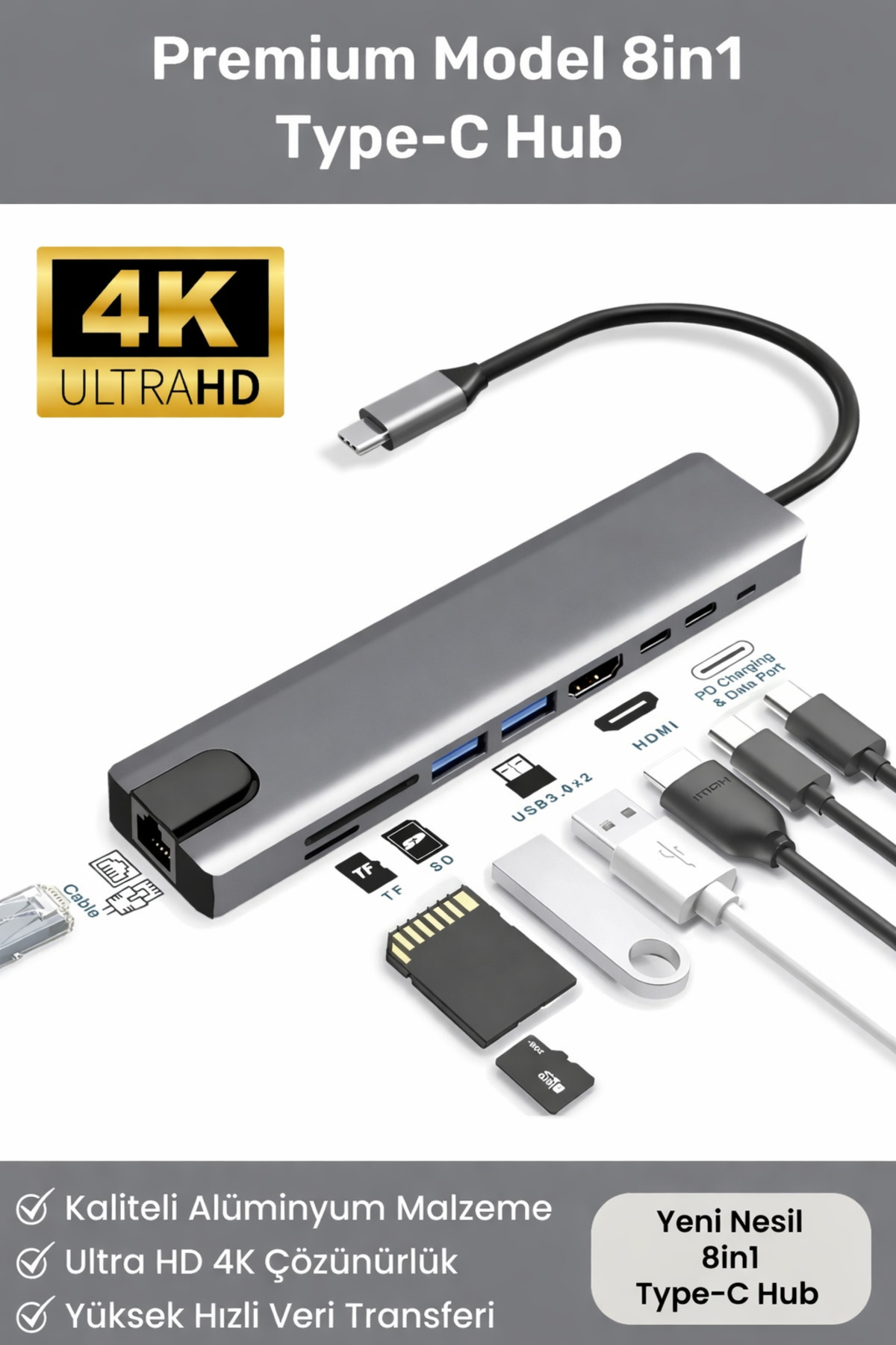8in1 Macbook Pro Air Usb Type-c Hub Dönüştürücü Çevirici Çoklayıcı Usb Hdmi Micro SD 8 Girişli