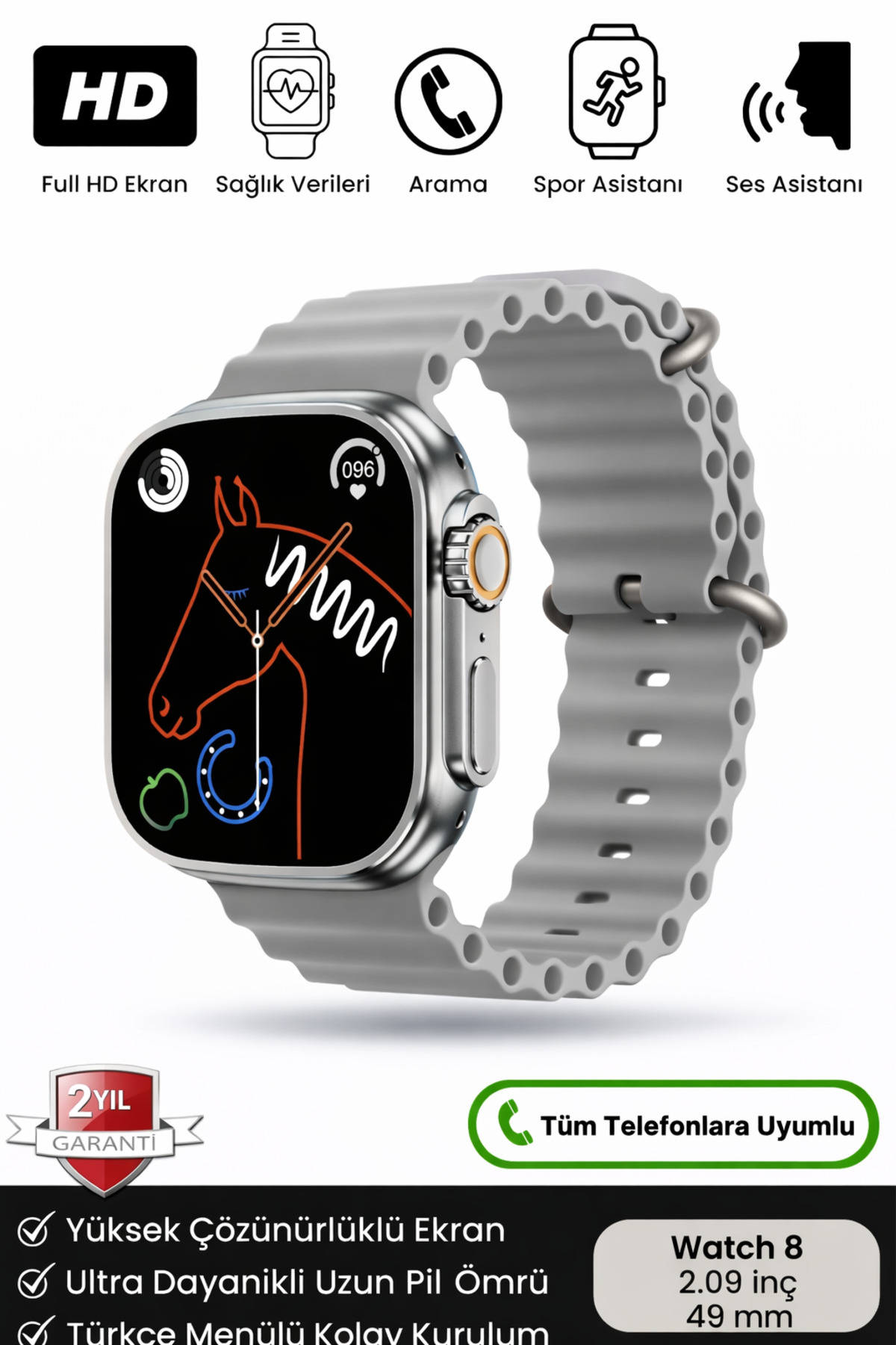 Watch 8 Ultra IOS Android Uyumlu 2.09 İnç Çift Kordonlu Spor ve Sağlık Sensörlü Akıllı Saat