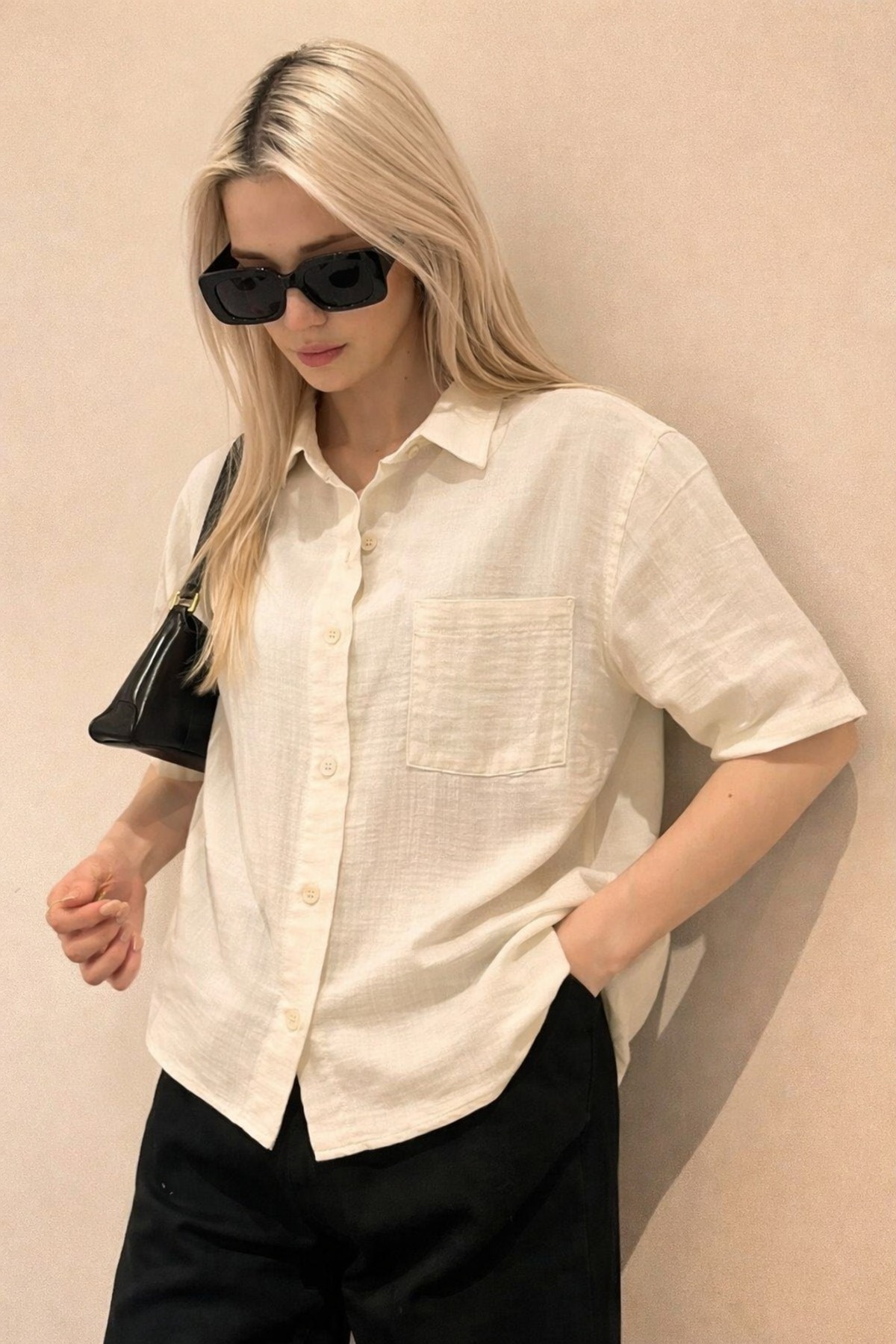 MUZOTEX  Muslin Kumaş Kısa Kollu Basic Kadın Gömlek - Görsel 2