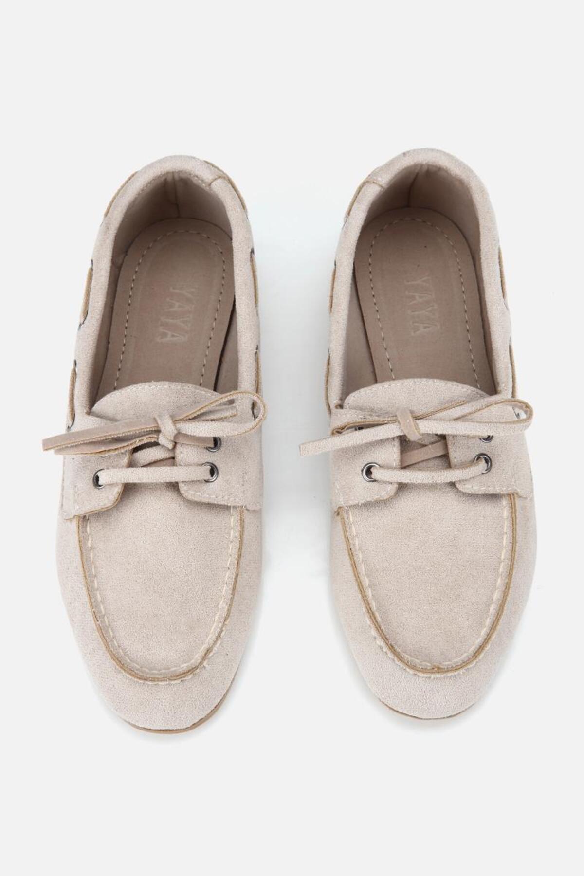 Yaya by Hotiç Kadın Bej Süet Bağcıklı Dikiş Detaylı Loafer görsel 6