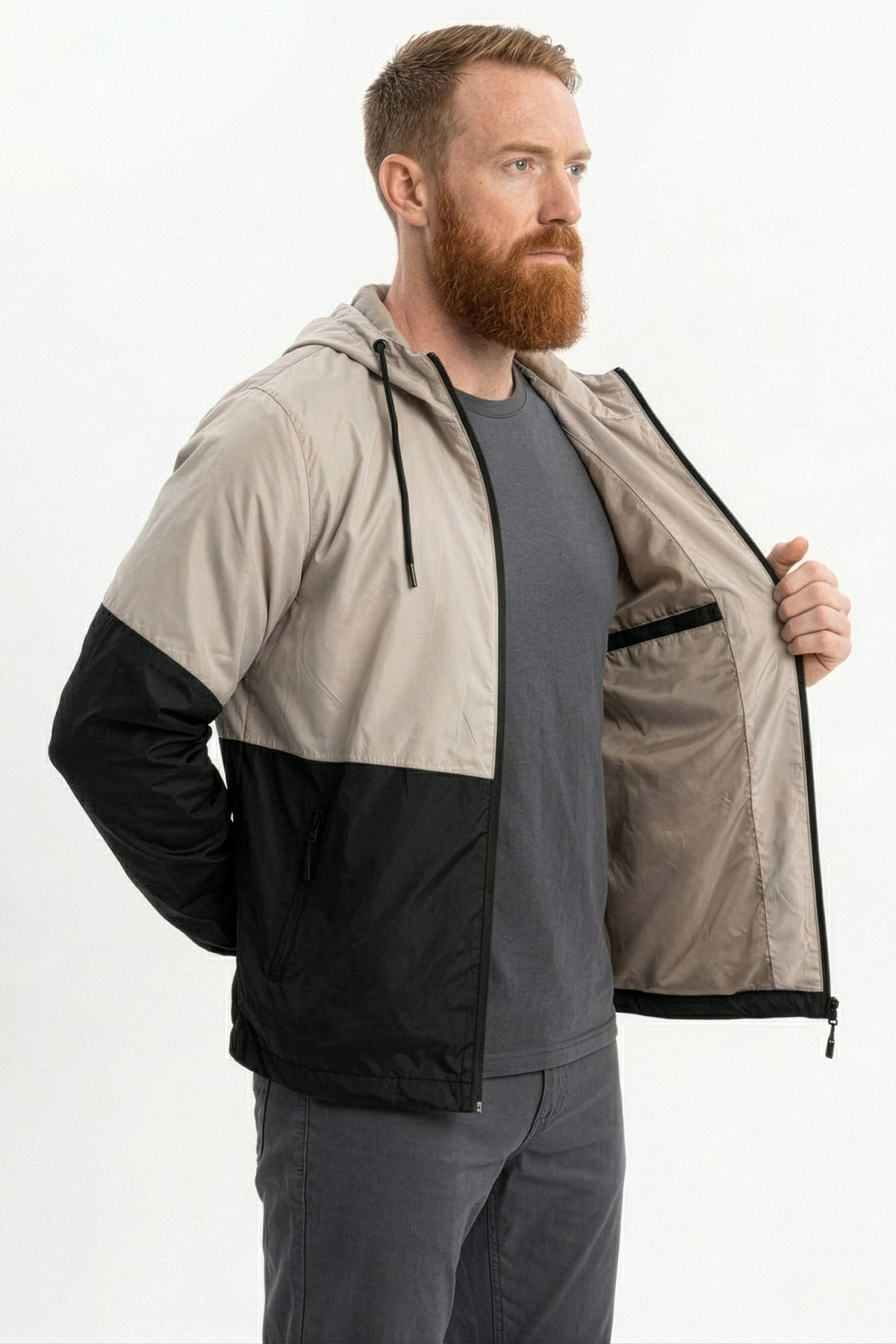 بارانی مردانه کلاه‌دار ضد آب و باد، فوق سبک، فصلی، جیب‌دار و آستردار — بژ Y-100 — تصویر 4 از 7