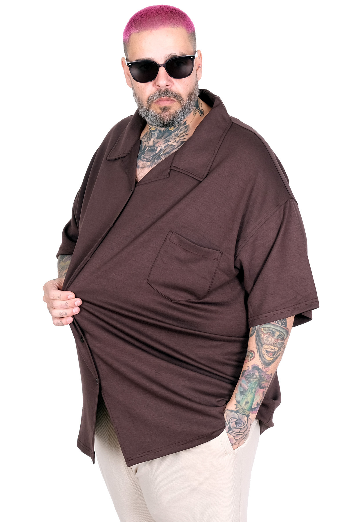 ModeXL Mode XL Büyük Beden Gomlek Apas Yaka Kısa Kol U26380 KAHVERENGİ görsel 3